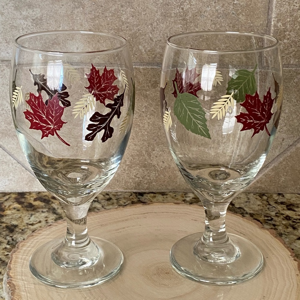 Vintage Libbey Wine Water Goblets Stem Clear Glass Fall Autumn Multicolor Leaves